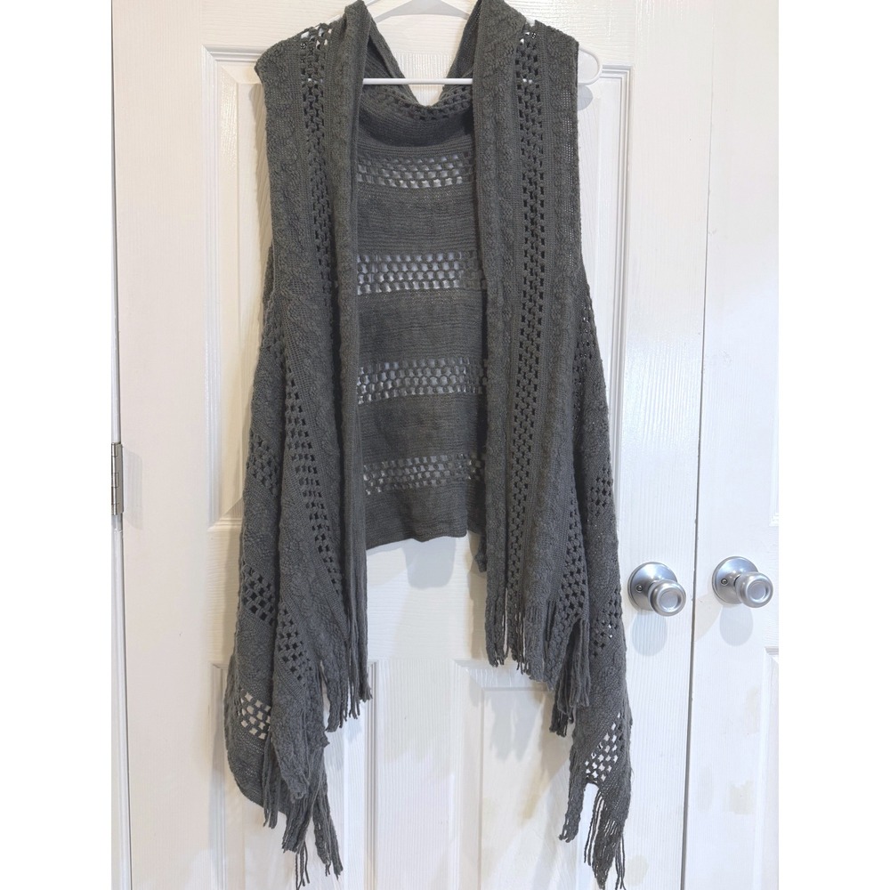 Hooded Fringe Vest Open‎ Knit Sleeveless Cardigan Shawl Cover Up